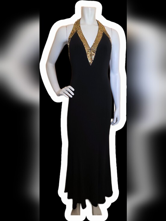 Mystique Boutique Dresses & Skirts - Mystique Boutique Black Maxi Halter Dress with Gold Sequin V-Neck